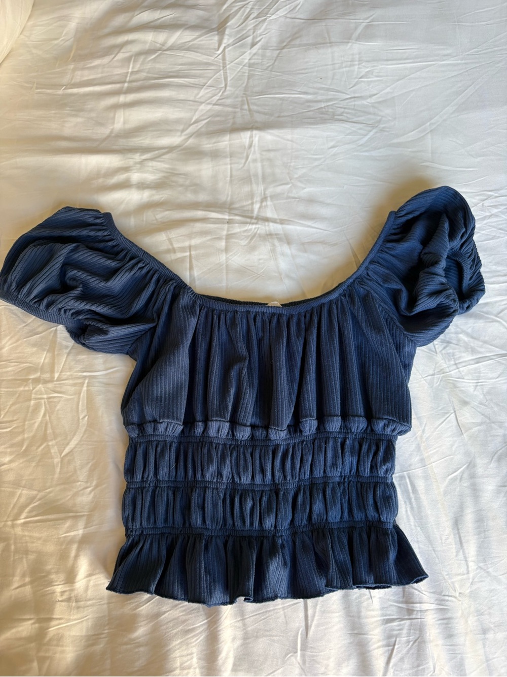 Capella Navy Puff-Sleeve Smocked Top